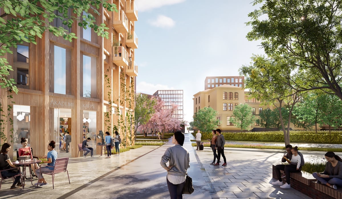 Arkitektbild som illustrerar framtidens stråk Akademiska i Norra Hagastaden.