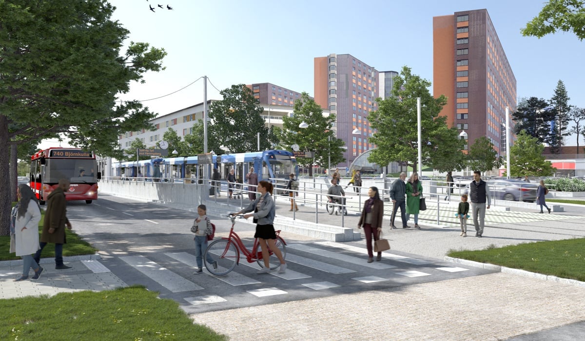 En visionsbild på en spårvägslinje i en urban miljö.
