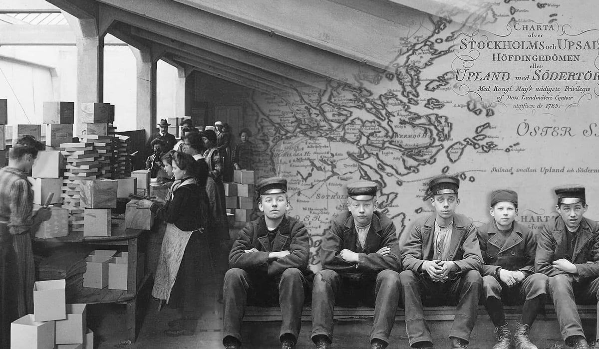 Kollage med historiska bilder, bland annat syns fem pojkar sittandes på rad och kvinnor som arbetar i en fabrik.