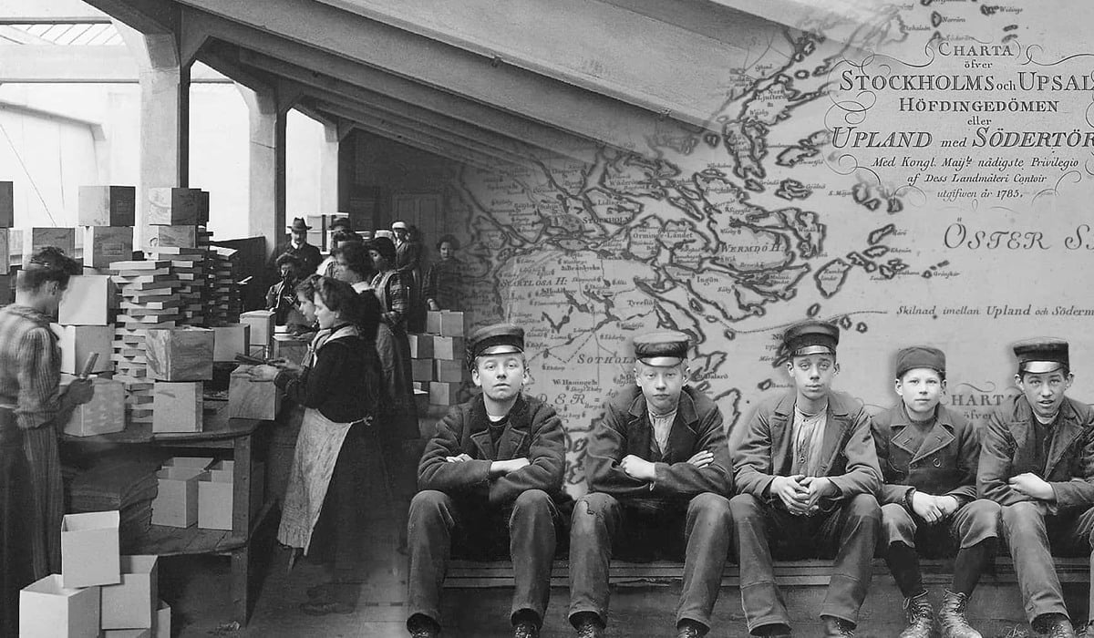 Kollage med historiska bilder, bland annat syns fem pojkar sittandes på rad och kvinnor som arbetar i en fabrik.