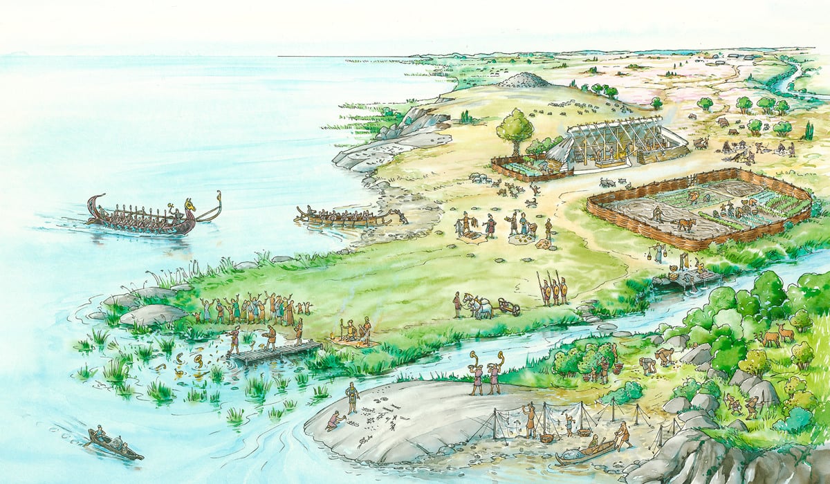 Illustration över en bronsåldersby.