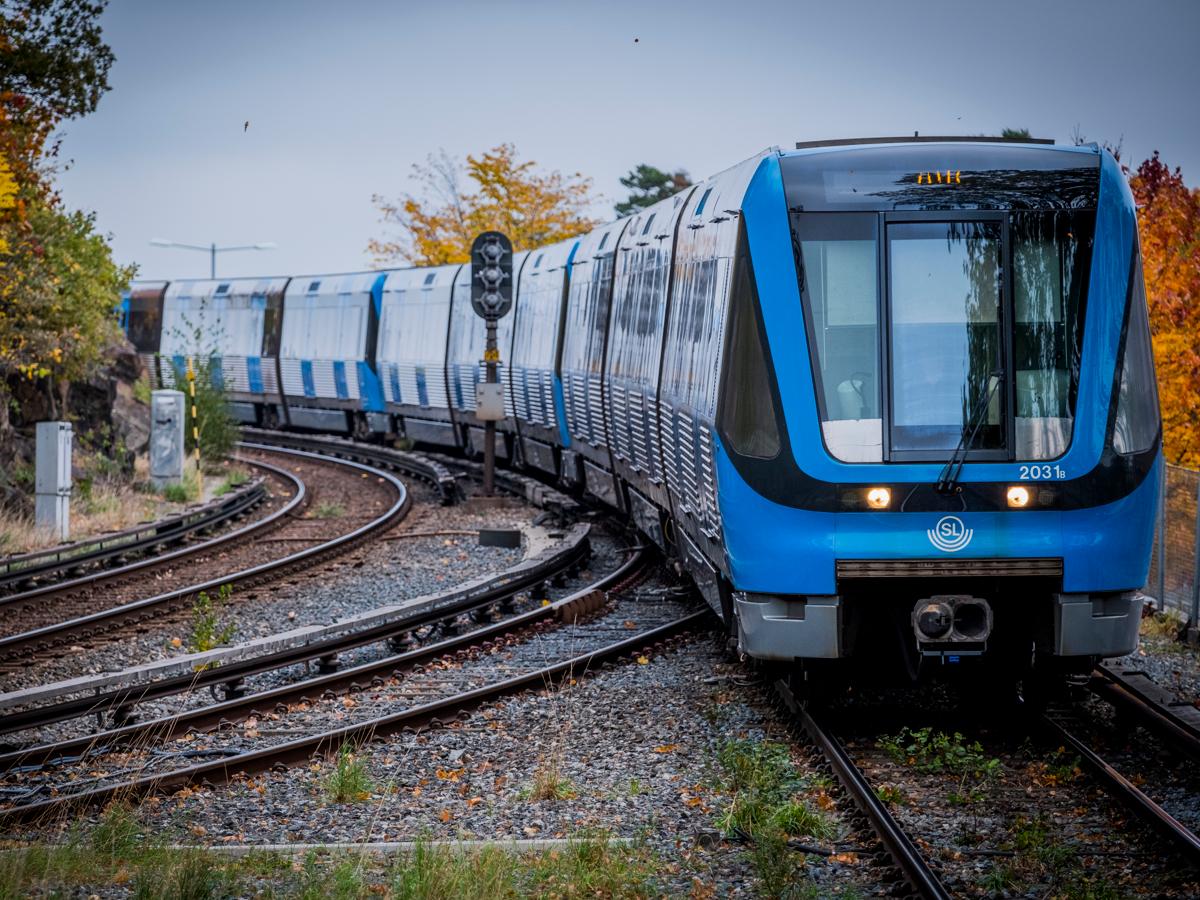 Ett blått tunnelbanetåg rullar in mot station. Runt den så syns träd vars blad är röda och gula, det är tydlig höst. 