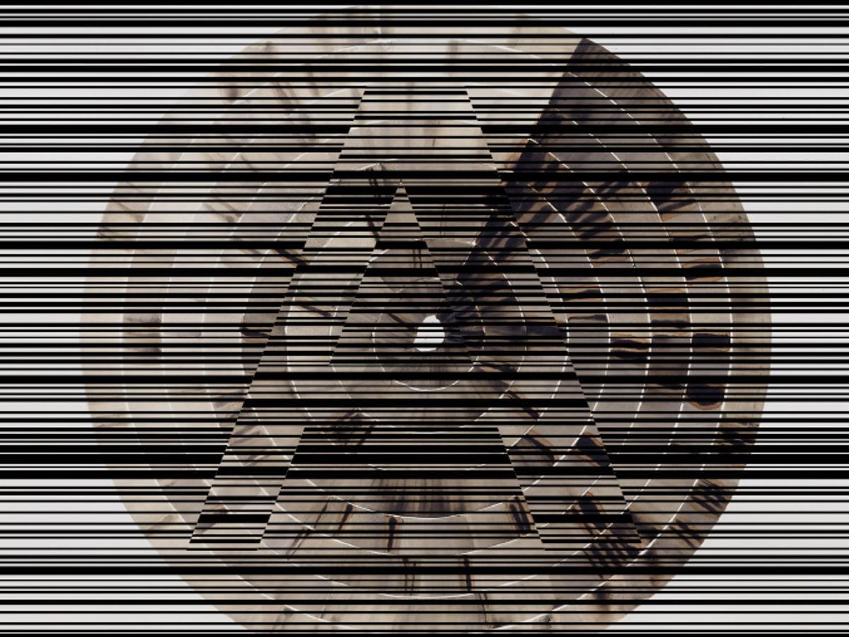 Del av konstverk. En bild uppbyggd av vågräta täta
streck som för tankarna till streckkod. Man anar cirkeldiagram.