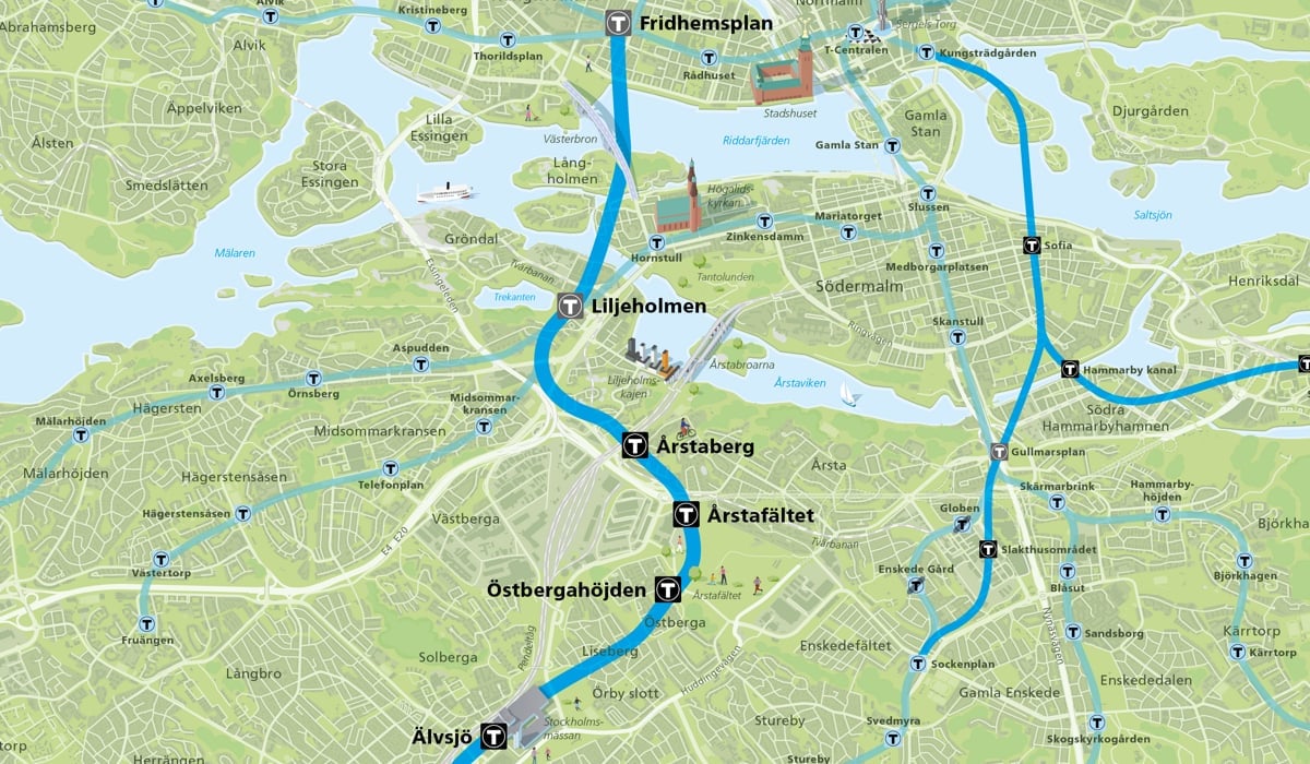 Gul linjes dragning mellan Fridhemsplan och Älvsjö och de fyra mellanliggande stationerna.