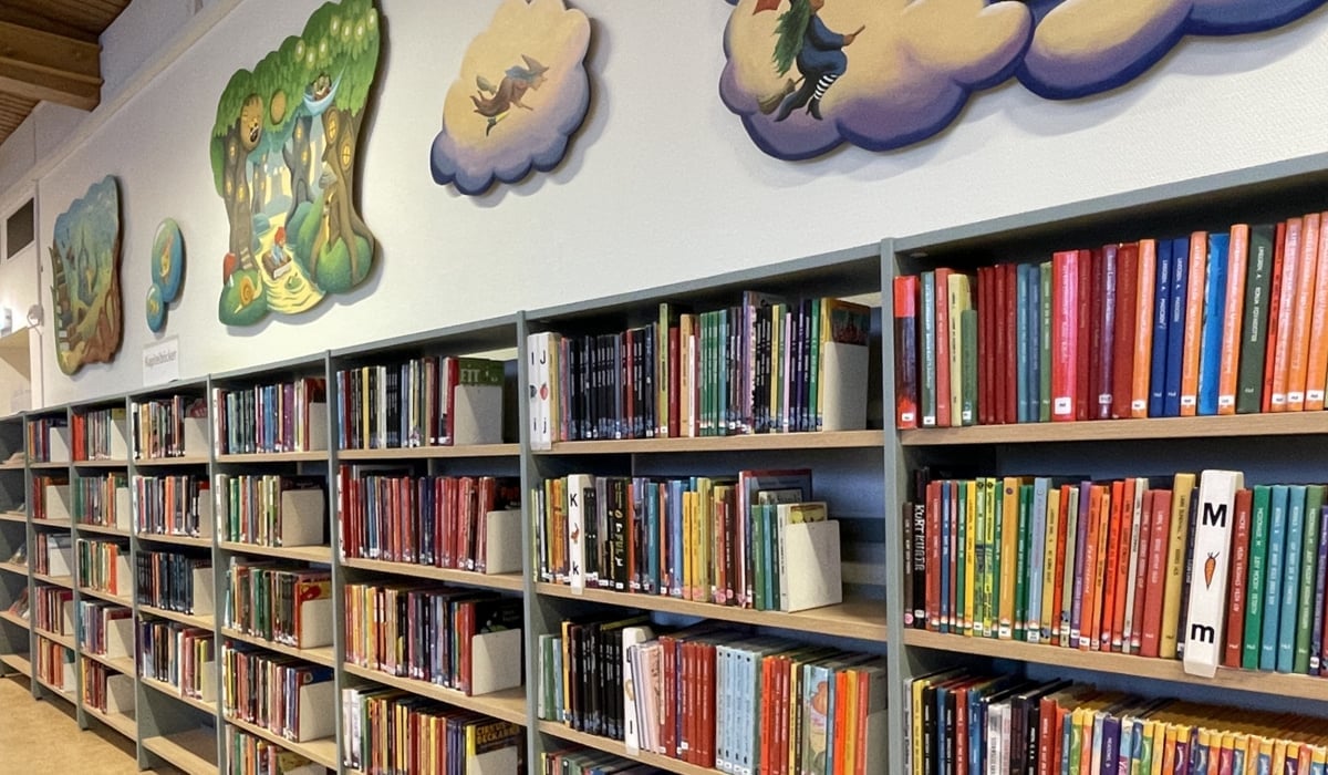 Bokhylla med böcker med konst ovanför på väggarna