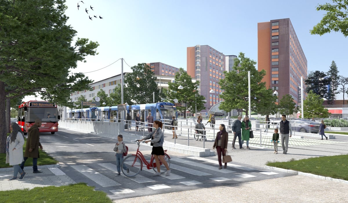 En visionsbild på en spårvägslinje i en urban miljö.