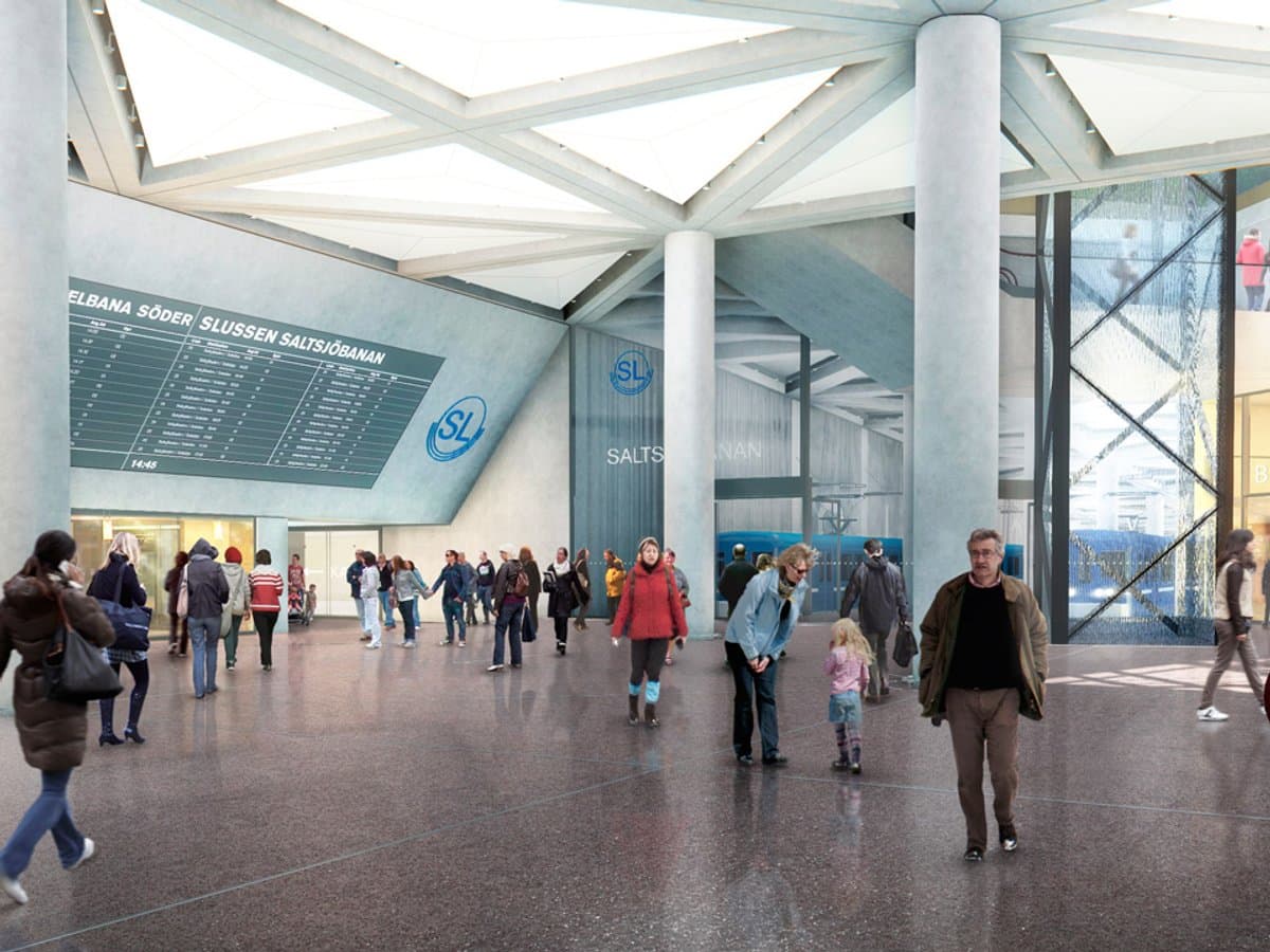 Visionsbild av saltsjöbanans nya slutstation i Slussen