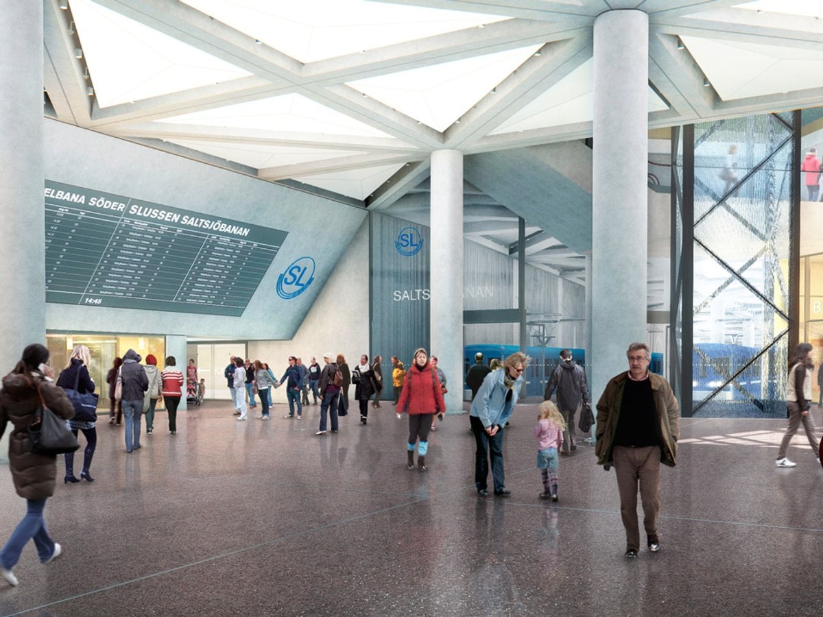 Visionsbild av saltsjöbanans nya slutstation i Slussen