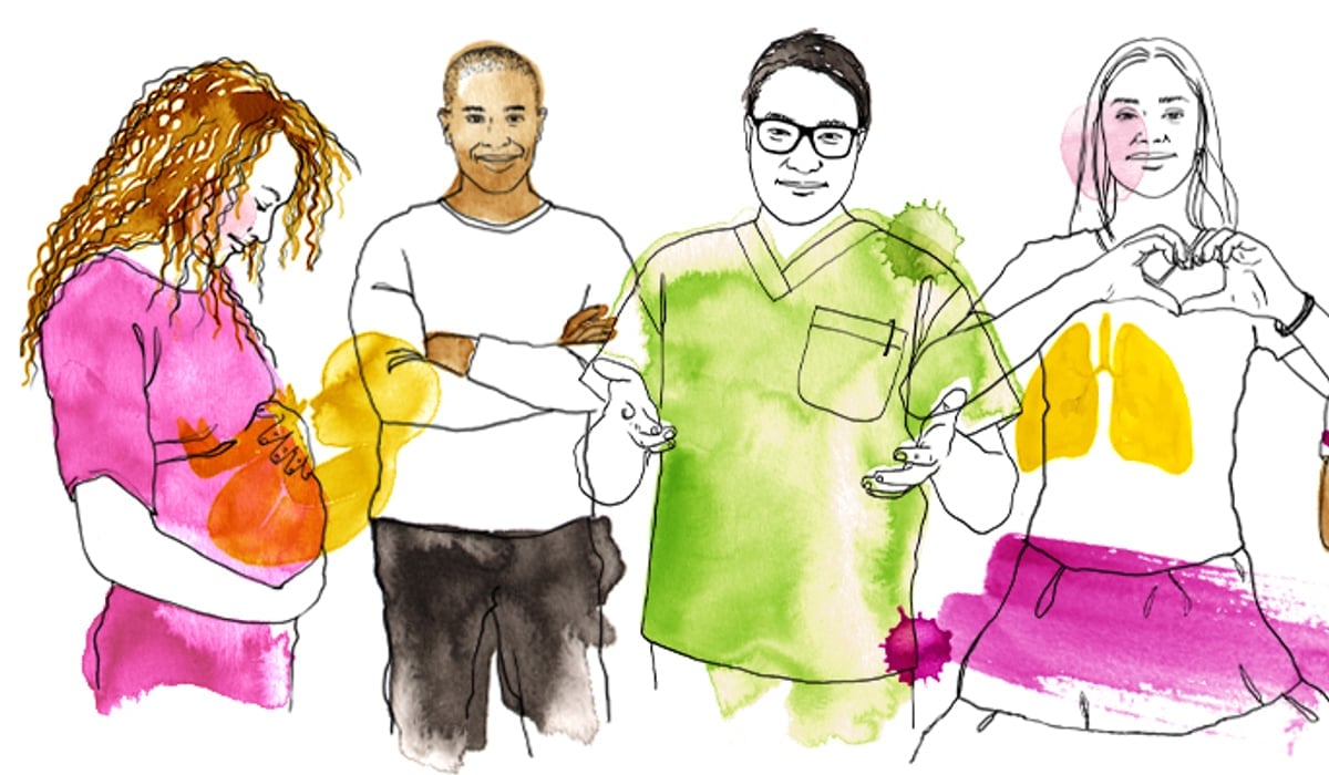 Illustration med fyra personer i olika åldrar. Färgen ligger lager på lager och man anar lungor på en ung tjej, en baby i armarna på en kvinna. En man i vårdkläder står med armarna ut och bakom står en man med armarna i kors och ler.