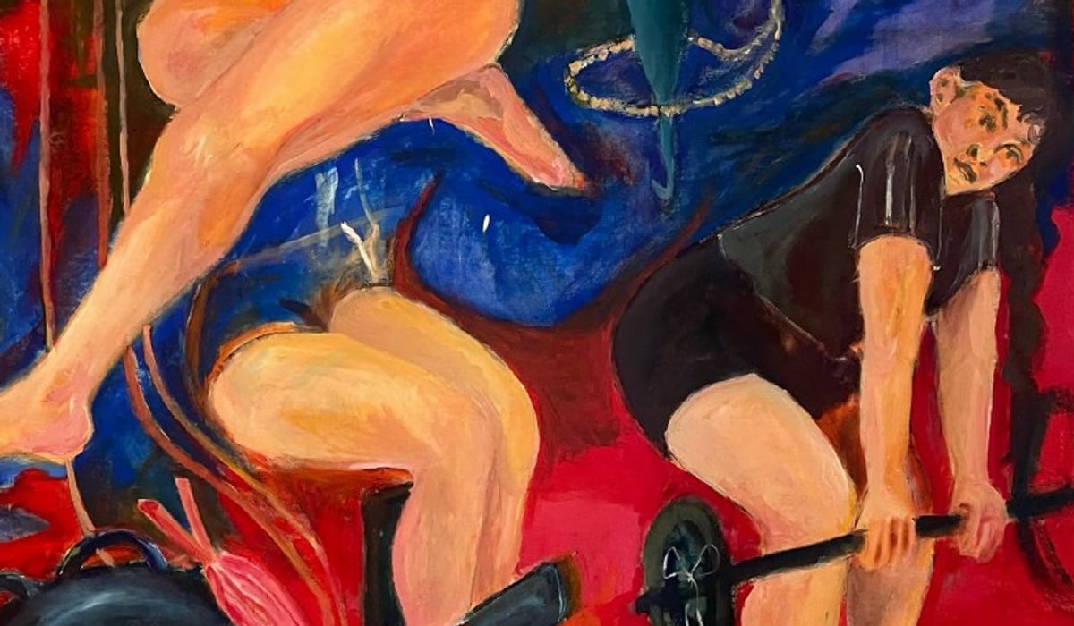 Utsnitt av målningar av personer på gym.