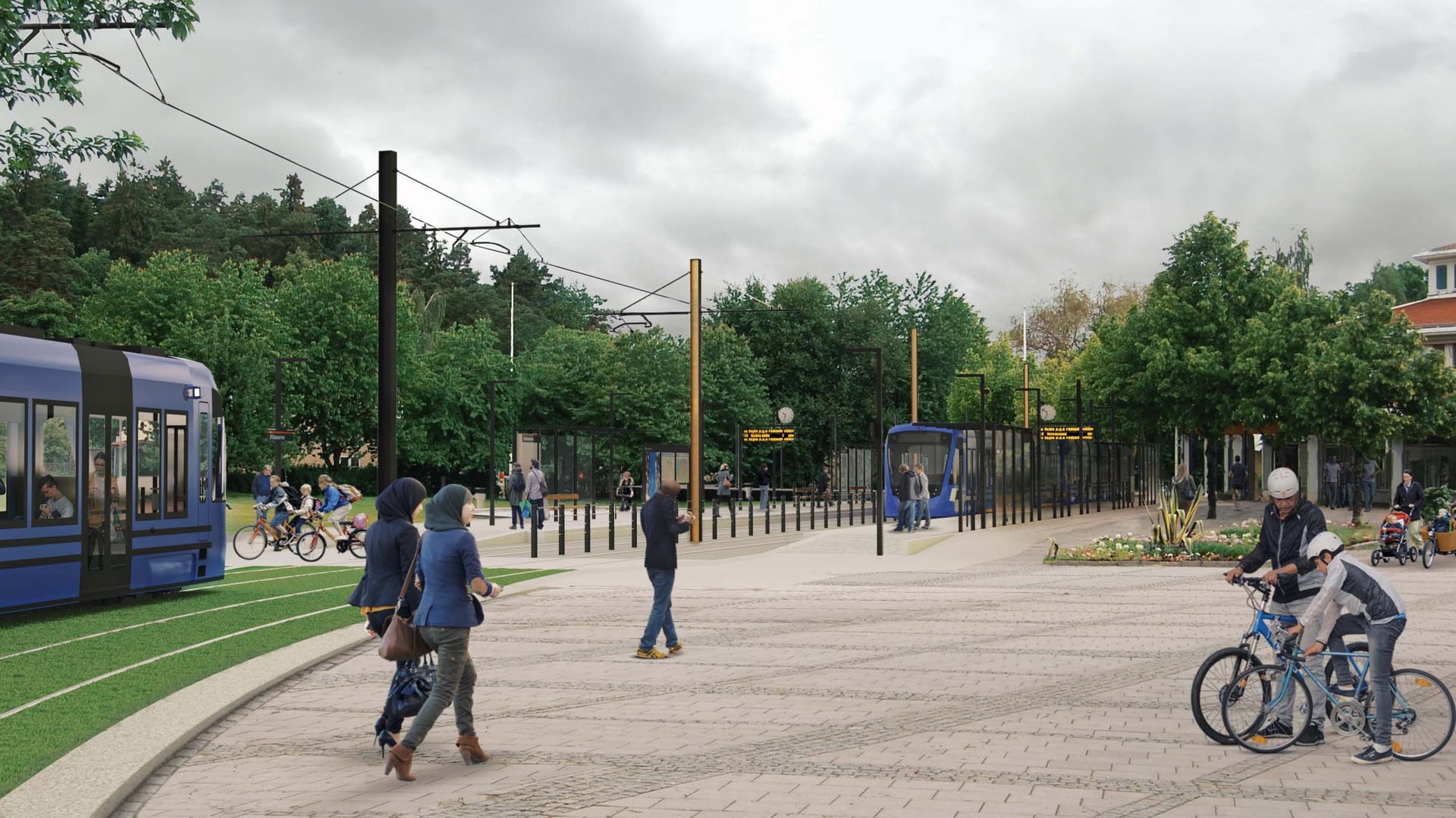 En grupp människor som går och cyklar på Rissne torg