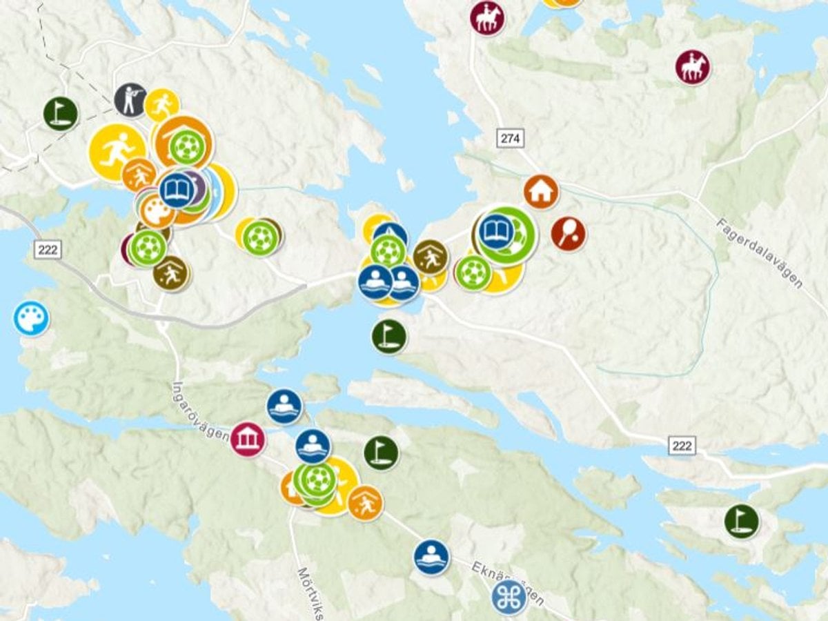 Karta med ikoner som visar kultur- och idrottsanläggningar