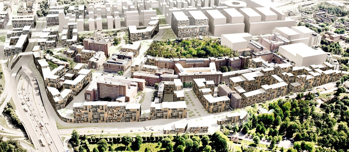 Illustration över Karolinska universitetssjukhuset