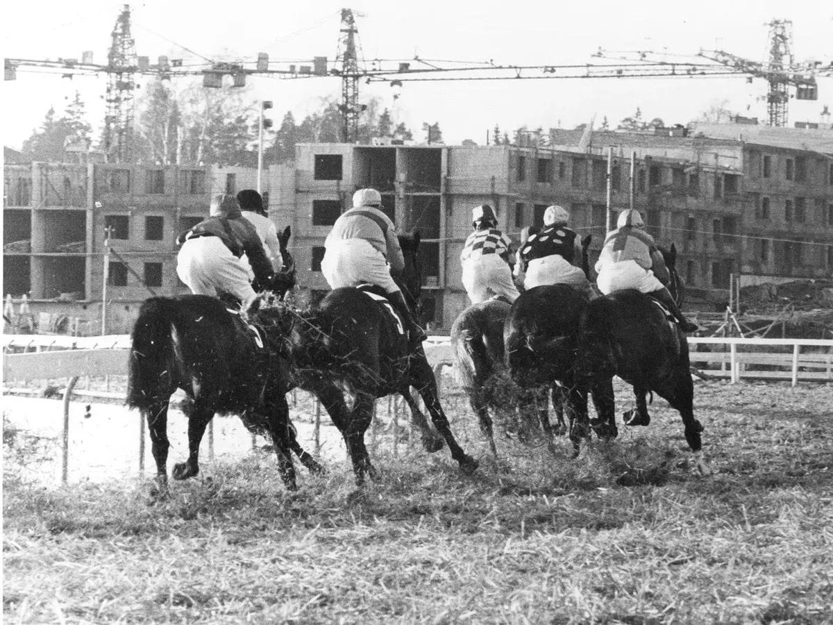 Svartvit bild av en klunga med hästar och ryttare. I bakgrunden byggs ett bostadsområde.