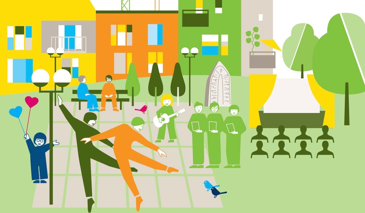 Illustration kulturstrategi för Stockholmsregion. Visar olika aktiviteter inom kultur och idrott.