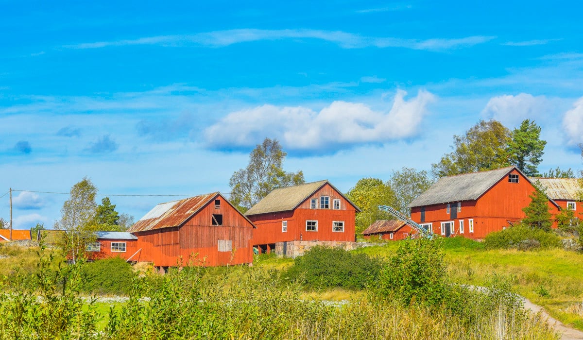 Röda stugor med blå himmel och grönt gräs.