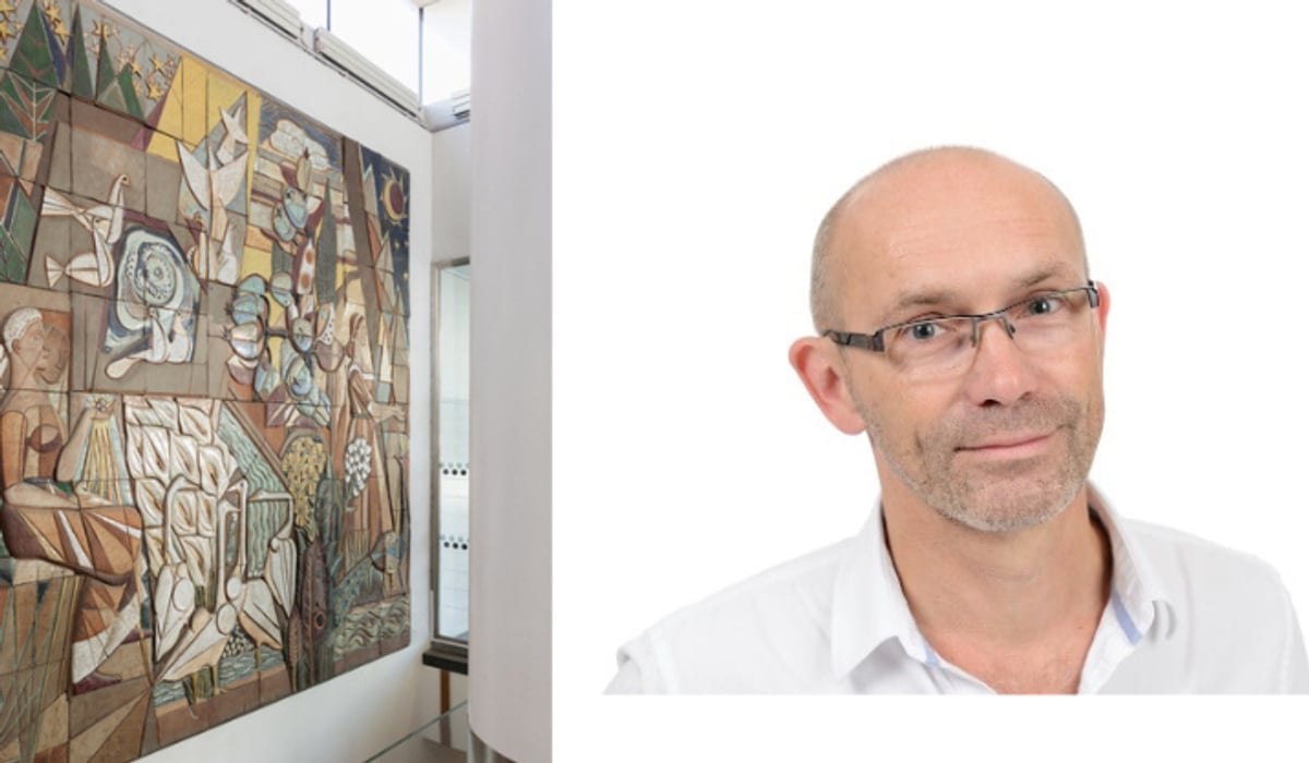 Kollage med bild av keramiskt verk på vägg och porträttbild av Max Liljefors.