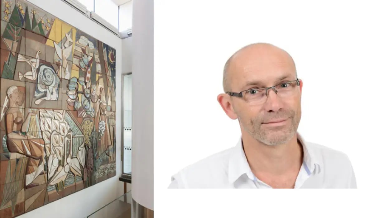 Kollage med bild av keramiskt verk på vägg och porträttbild av Max Liljefors.