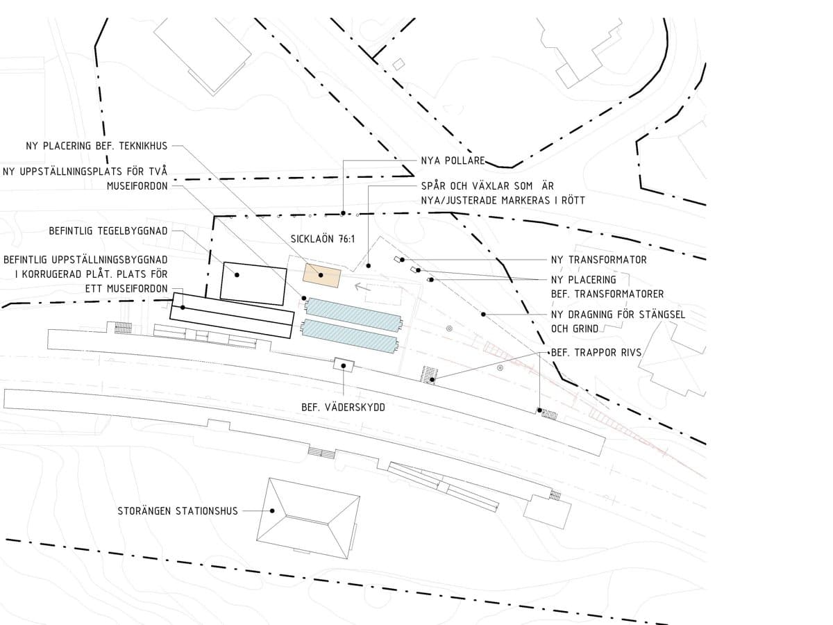 En karta över Negline depåområde med flera byggnader.