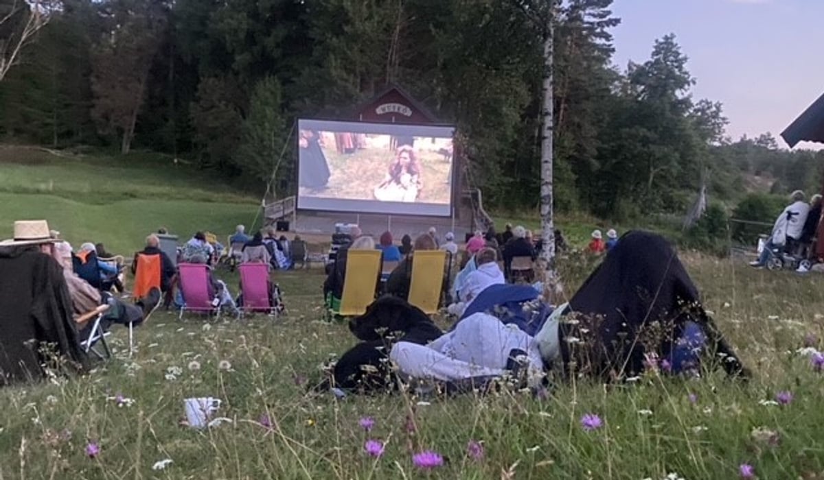 En grupp människor som sitter på ett fält och tittar på en film.