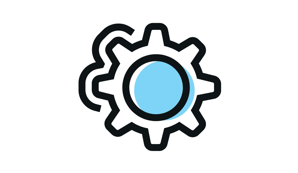 Ett kugghjul med blått centrum mot en vit bakgrund.