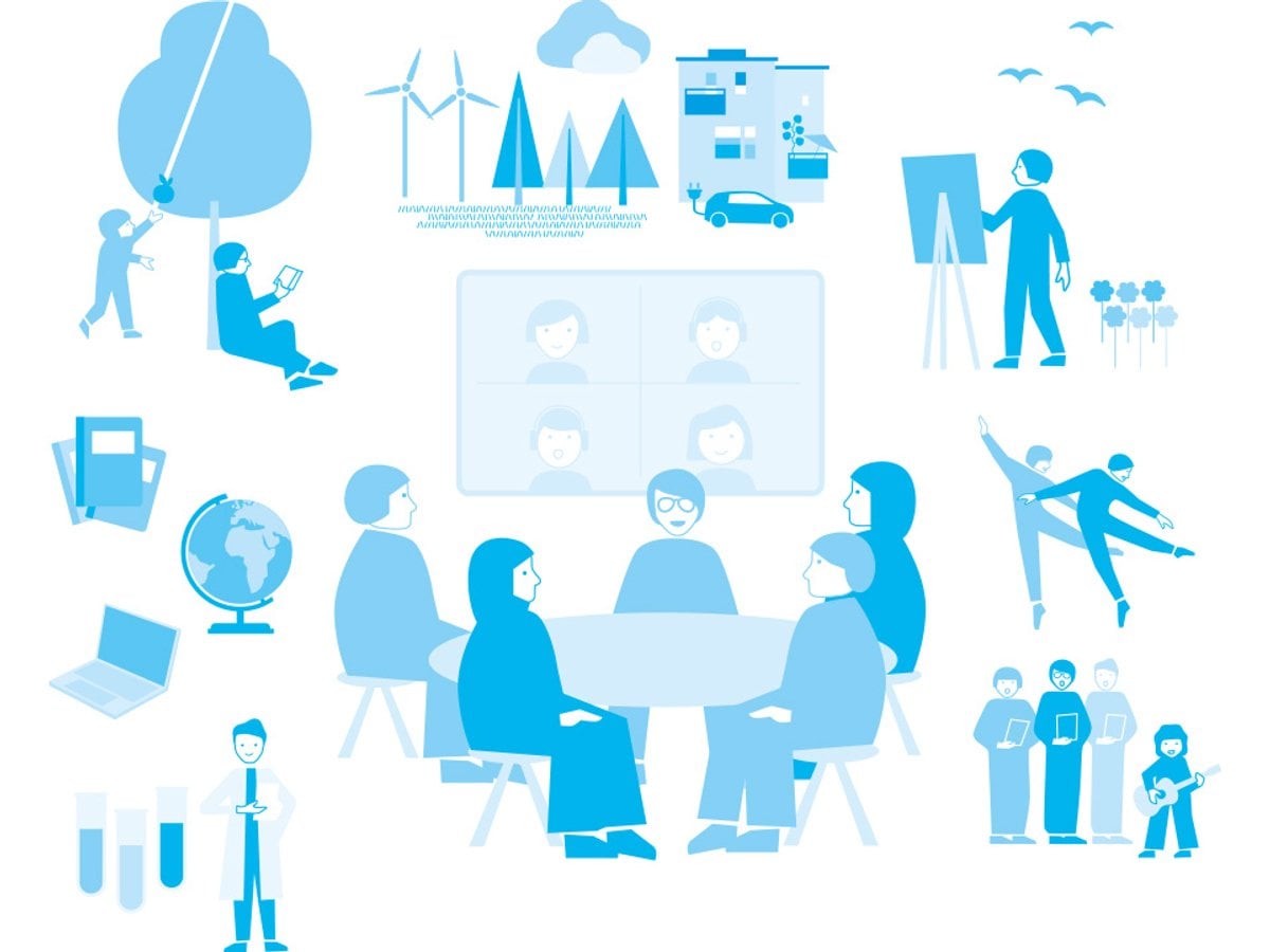En grafisk illustration som illustrerar olika områden inom folkbildningen. Bland annat med illustrationer över människor som samtalar, läser böcker och förkovrar sig i olika medier via exempelvis datorer och läsplattor. Även illustrationer för människor som dansar, målar, spelar instrument och forskar.