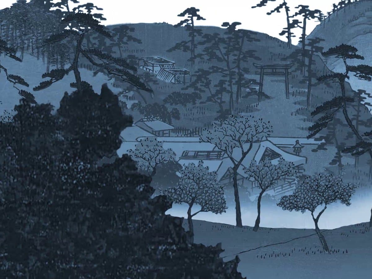 Stillbild från film. Påhittat landskap i monokrom färgskala.