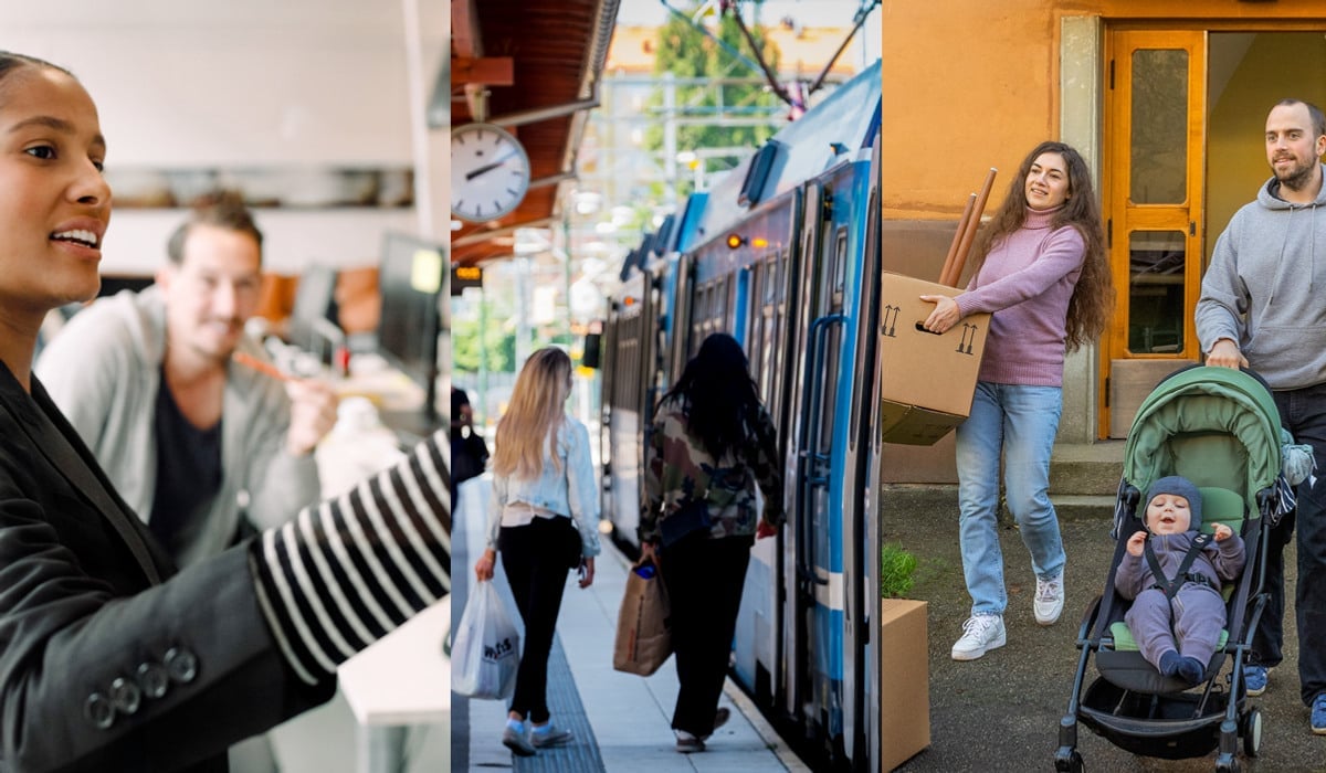 Triptyk med bilder på personer i möte, på väg med kollektivtrafik och på väg att flytta