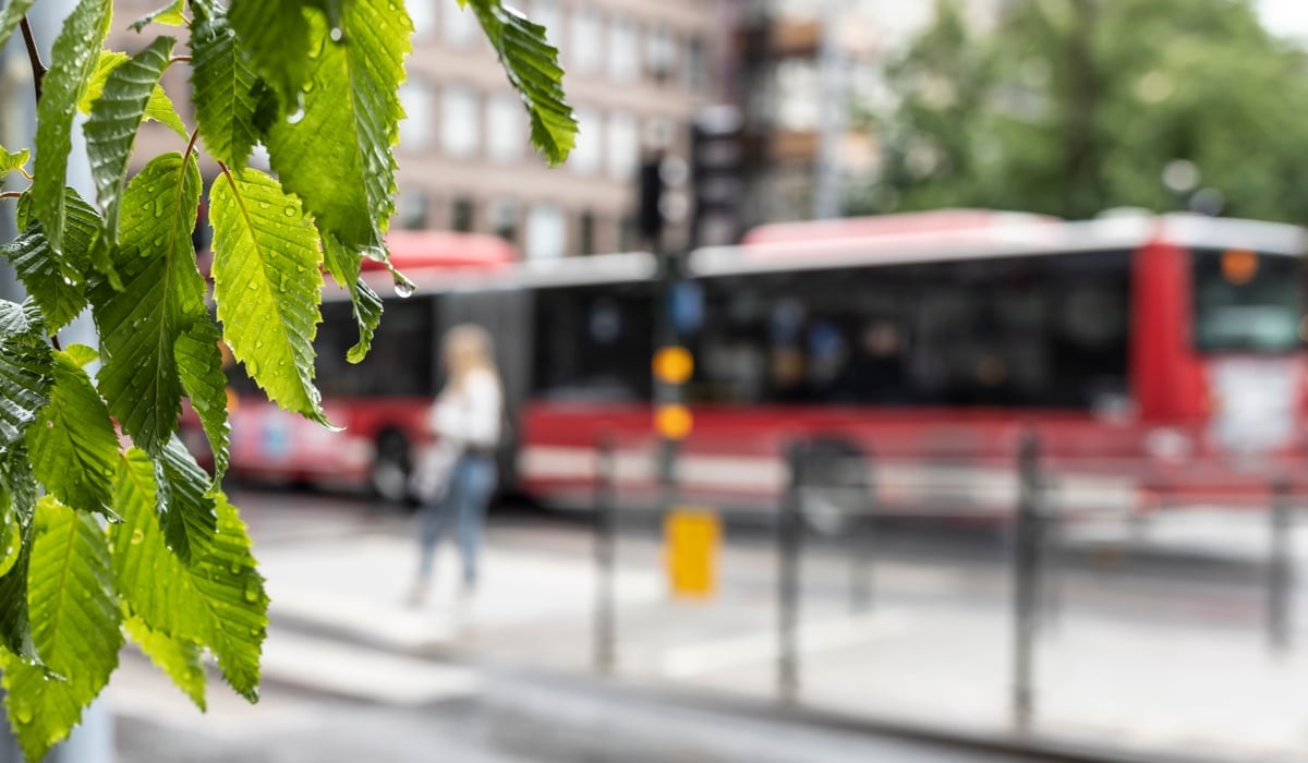 Bild på suddig buss. Det går att urskilja att bussen står vid ett övergångsställe i innerstaden.