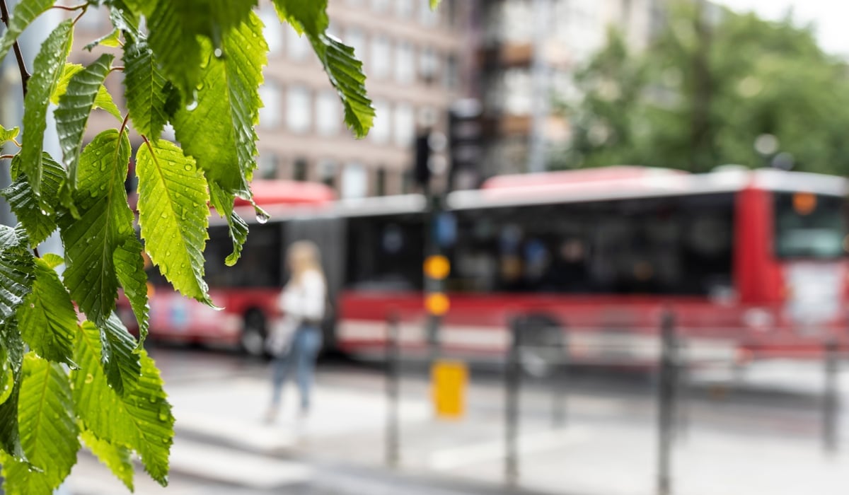 Bild på röd buss som trafikerar i innerstadsmiljö. Bussen ser ut att stå vid ett övergångsställe.