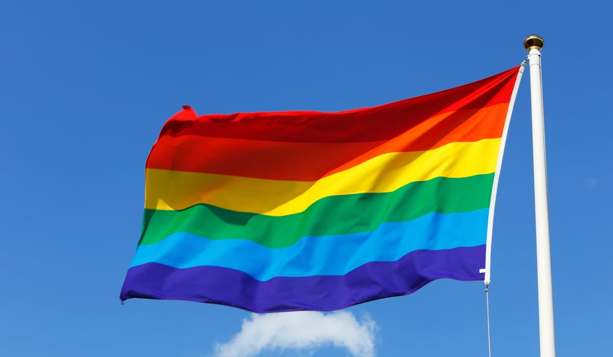 En regnbågsflagga som vajar i vinden en solig dag