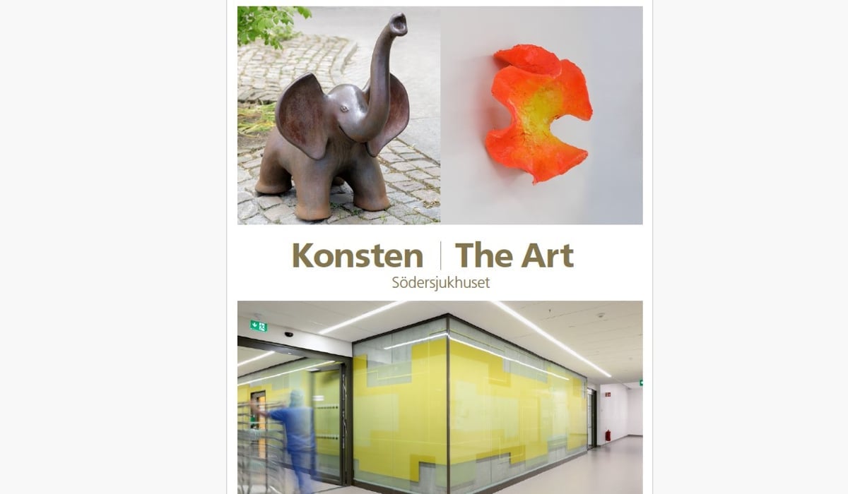 Kollage med tre bilder på framsidan. En liten elefantskulptur, en väggskulptur som öppnande blomblad och en glasvägg.