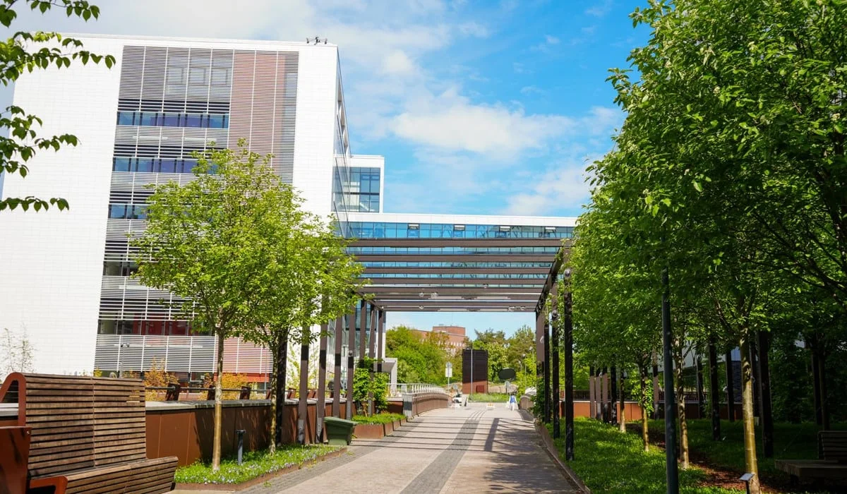 En gångväg kantad av träd och bänkar intill två byggnader vid Karolinska universitetssjukhuset.