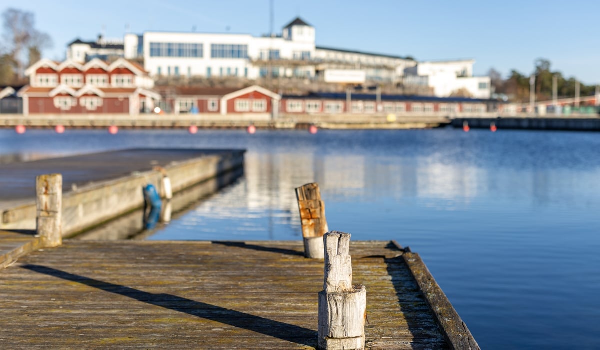 En träbrygga som ligger intill ett vattenområde.