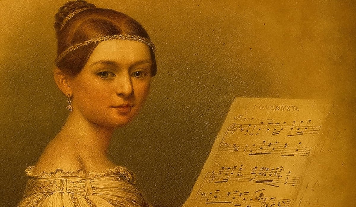 Äldre målning av kvinna som håller notblad i handen.