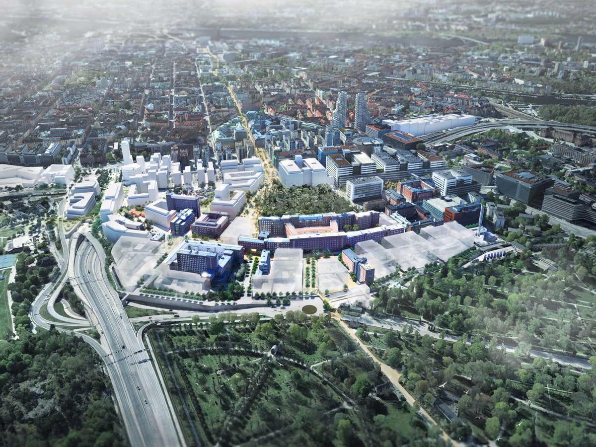 Bild som visar hur det kan komma att se ut i området kring gamla Karolinska i Solna när området Norra Hagastaden har byggts klart.
