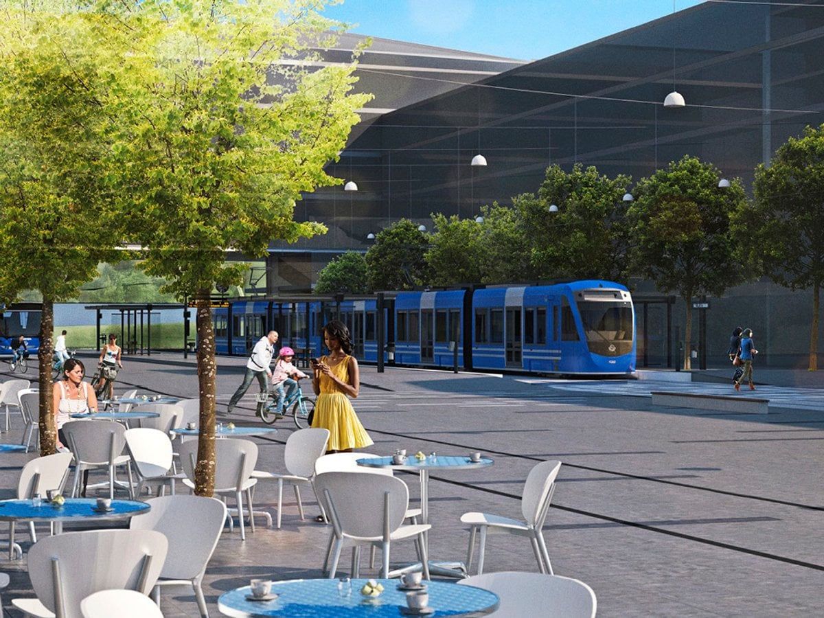 En visionsbild för hur det kan se ut när Tvärbanan vid Helenelunds pendeltågsstation är klar.