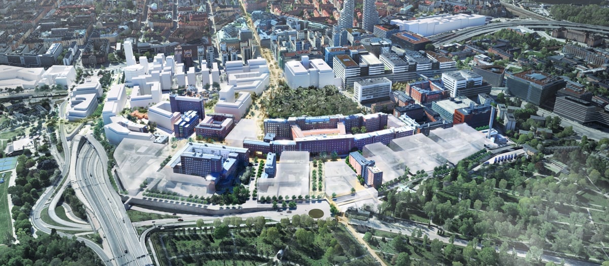 Bild som visar hur det kan komma att se ut i området kring gamla Karolinska i Solna när området Norra Hagastaden har byggts klart.