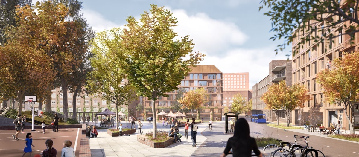 Arkitektbild som illustrerar ett torg i framtidens Norra Hagastad