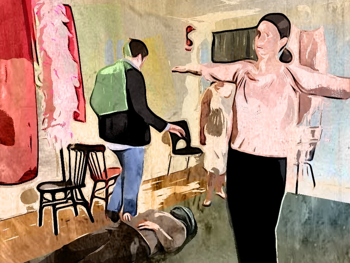 En målning av en man som står i ett rum.