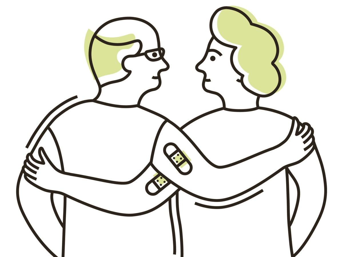 En illustration som visar en man och en kvinna som håller armarna om varandra. Båda har plåster på sina överarmar.