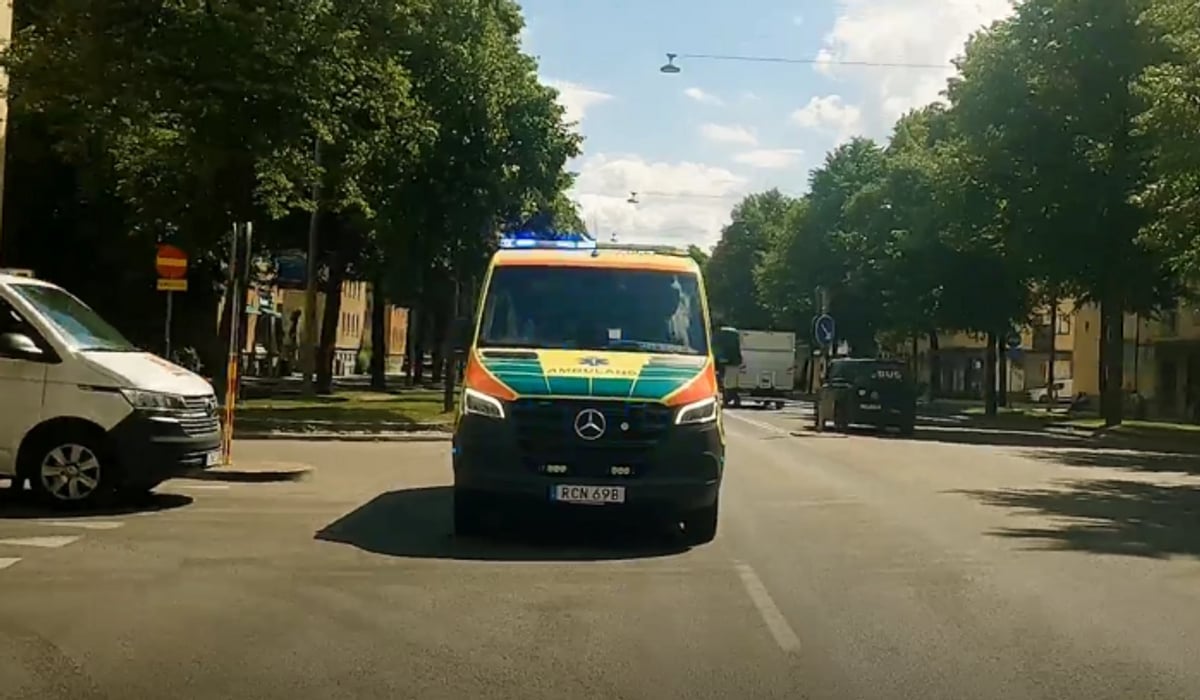 An ambulance on an emergency call.