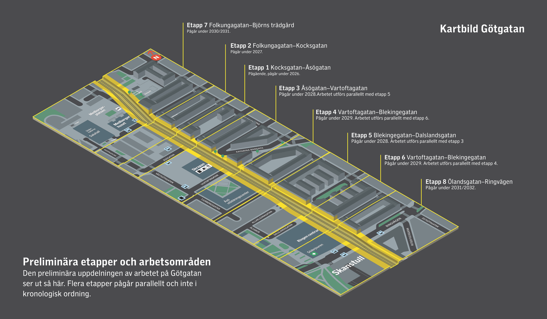En karta över Götgatan där tunnelbanetunneln är markerad med gult.