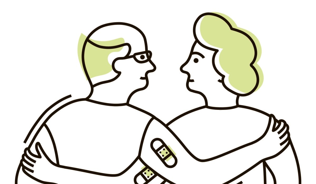 En illustration som visar en man och en kvinna som håller armarna om varandra. Båda har plåster på sina överarmar.