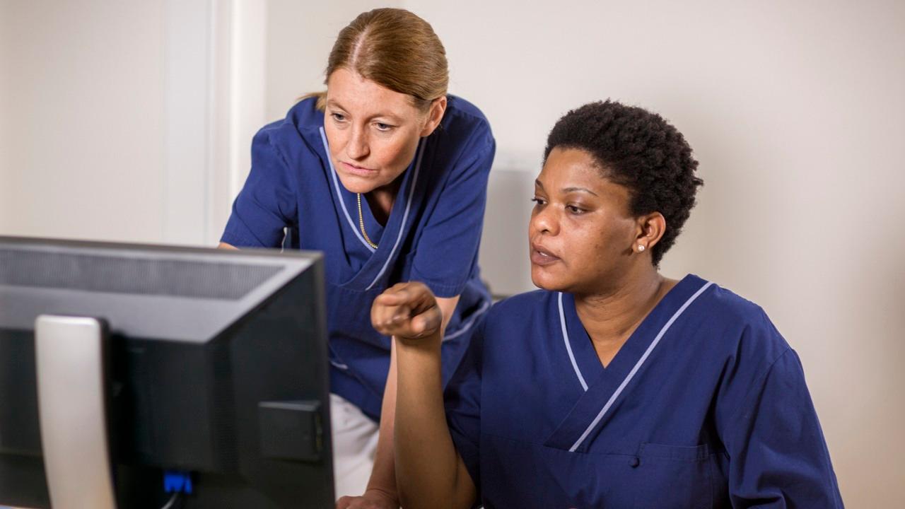 Två medarbetare inom sjukvården diskuterar framför en dator
