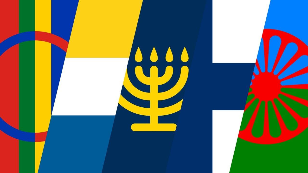 En bild med samtliga flaggor som representerar sveriges fem nationella minoriteter