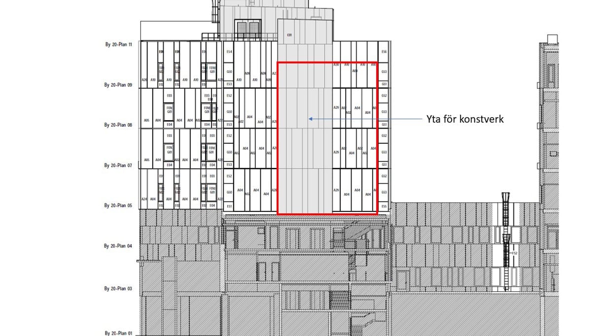 Svart-vit ritning av byggnader vid Södertälje sjukhus.