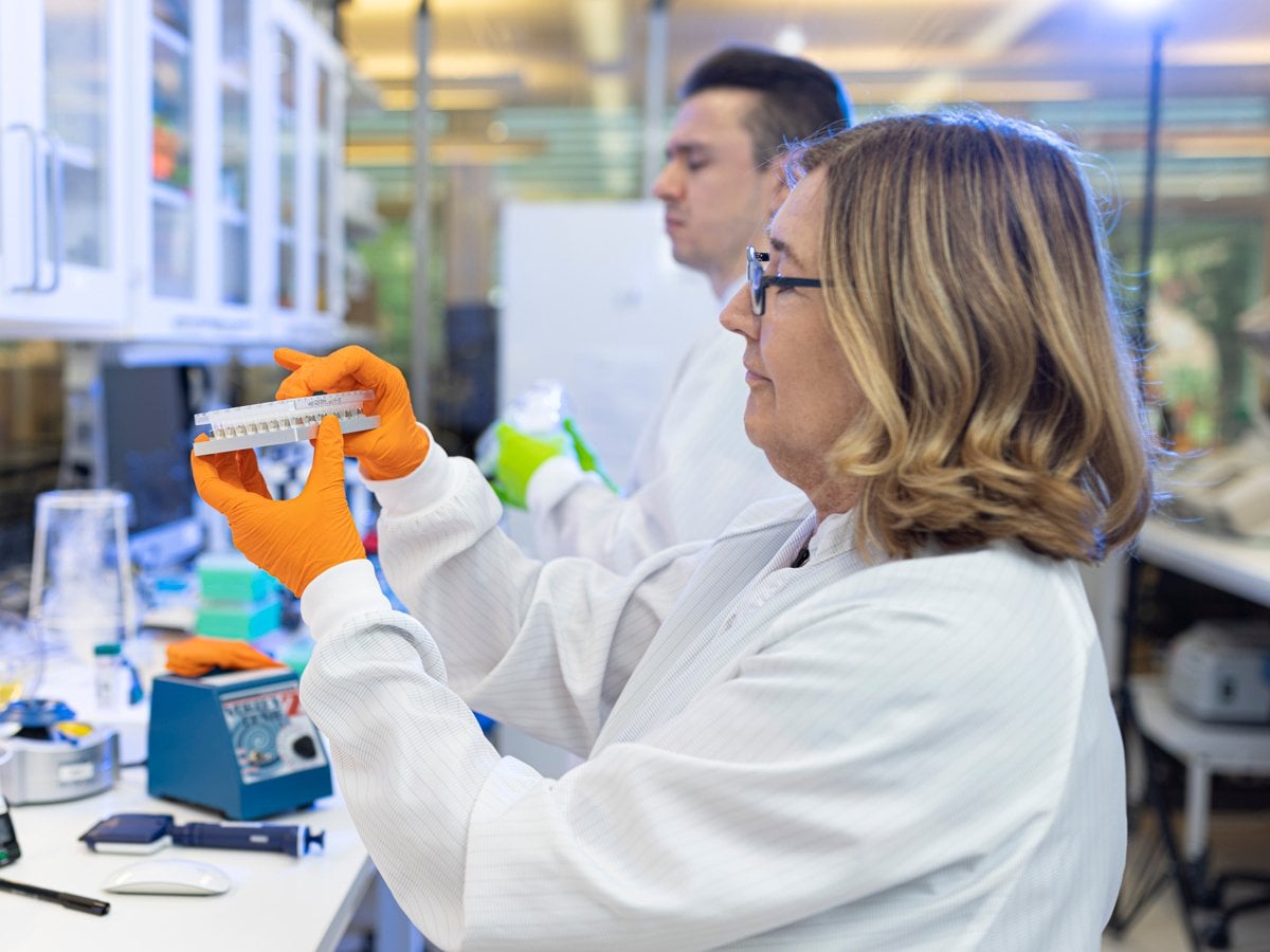 Två personer i ett labb. Medicinsk utrustning omger dem.