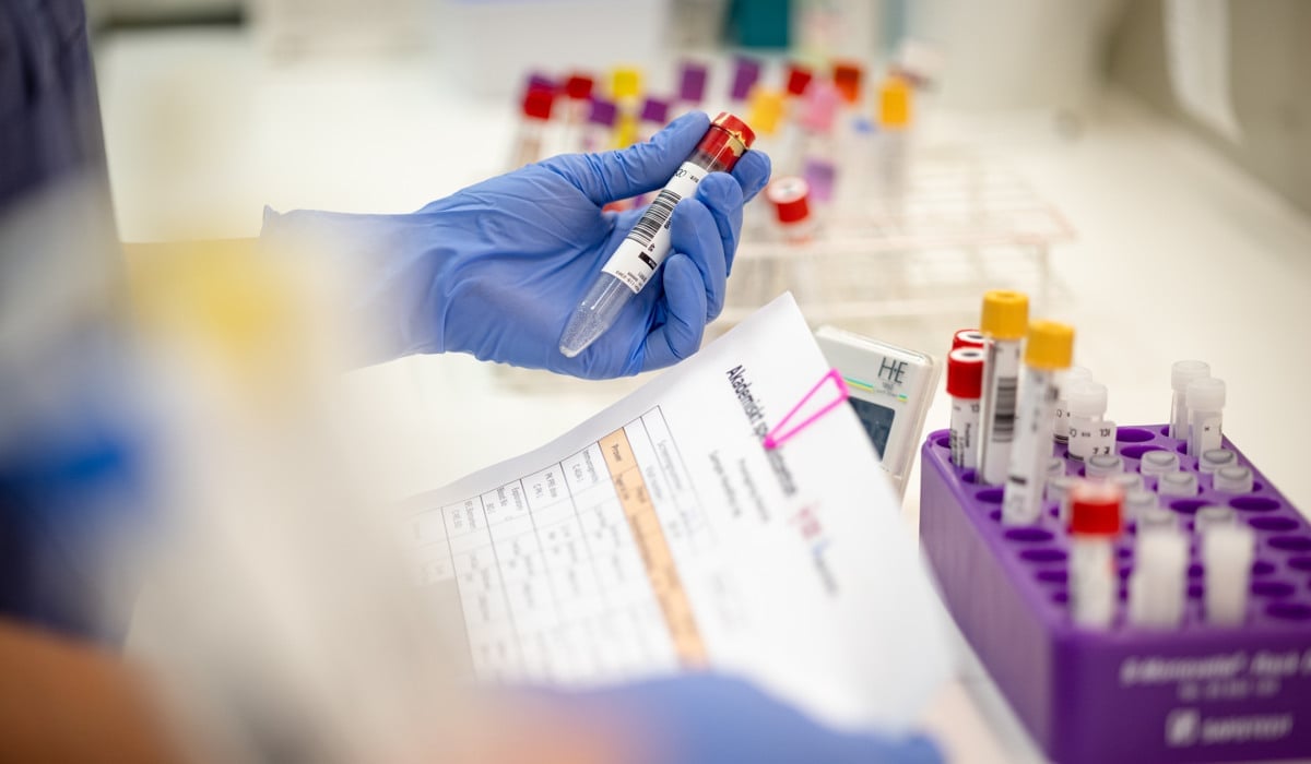En person i blå handskar håller i ett provrör.