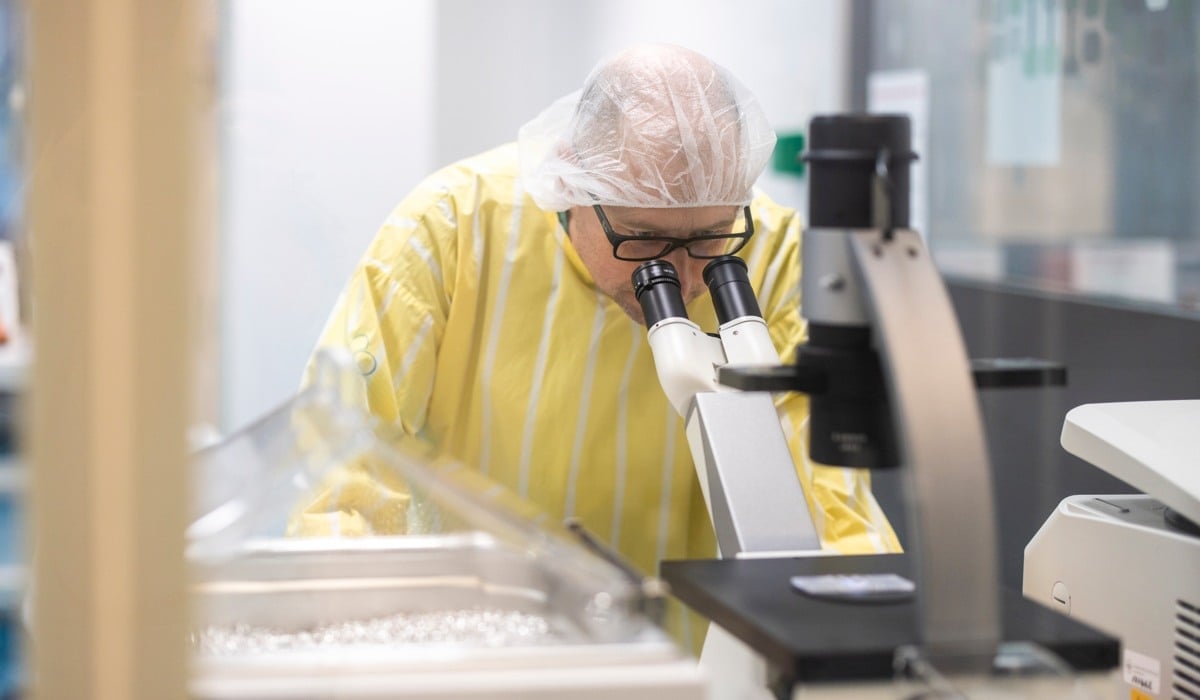 Forskare i gul tröja som tittar i ett mikroskop.